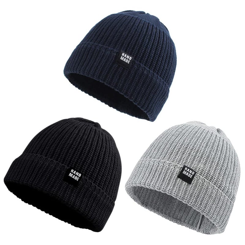 JANGANNSA Simple Knitted Baby Beanie Hip-Hop Boys Winter Hat Toddler Kids Bonnet for Girls 0-5Y (Black+Light Gray+Navy, L) - Image 1